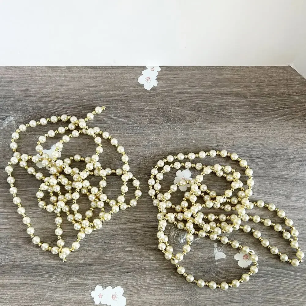 Vintage Set of 2 9’ Long Faux Pearl and Gold Bead Christmas Tree Garland EUC